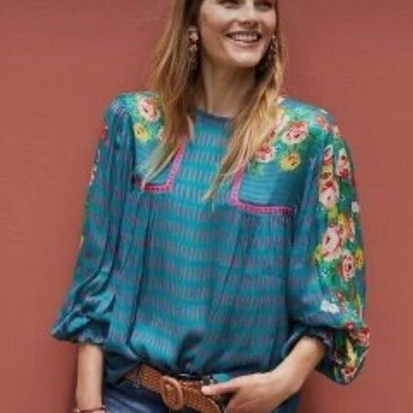 Anthropologie Bl-nk London Blouse Floral Teal Floral Long Sleeve Top Size:XL - Picture 2 of 7